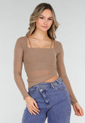 Bruine Asymmetrische Mesh Top met Lange Mouwen en Pads