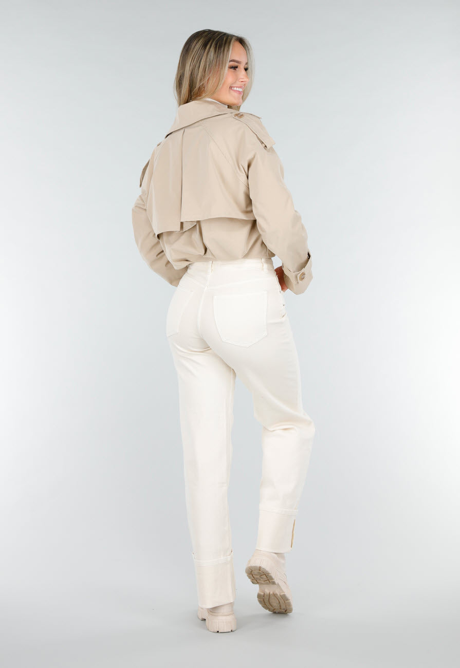 Lichtbeige Korte Trenchcoat met Knopen en Reverskraag