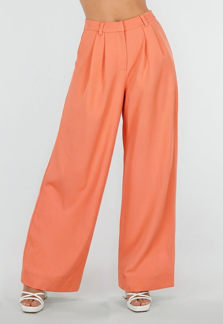 NEW190826 Coral Petite Pantalon met Wijde Pijpen en Plooien
