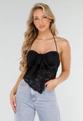 Zwarte Kanten Stretch Halter Top Met Striksluiting en Transparante Stof