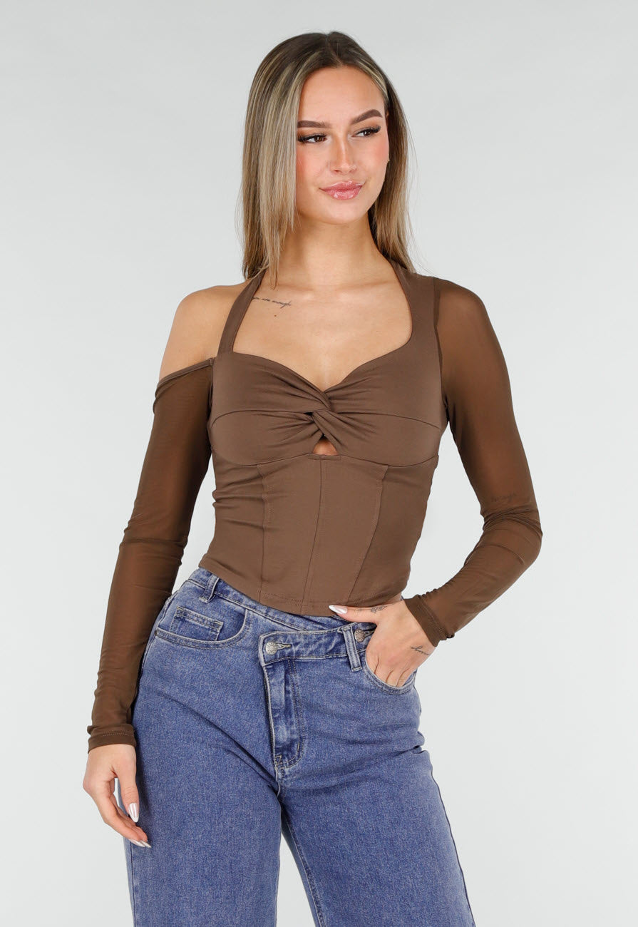 Bruine Crop Top met Gedraaide Voorzijde