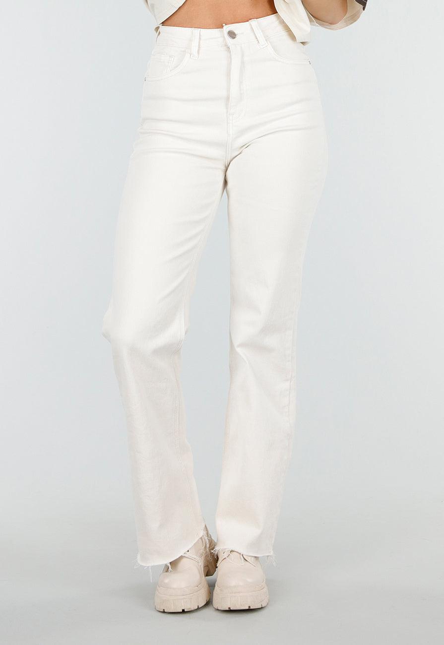 Beige Straight Leg Jeans met High Waist en Stretch