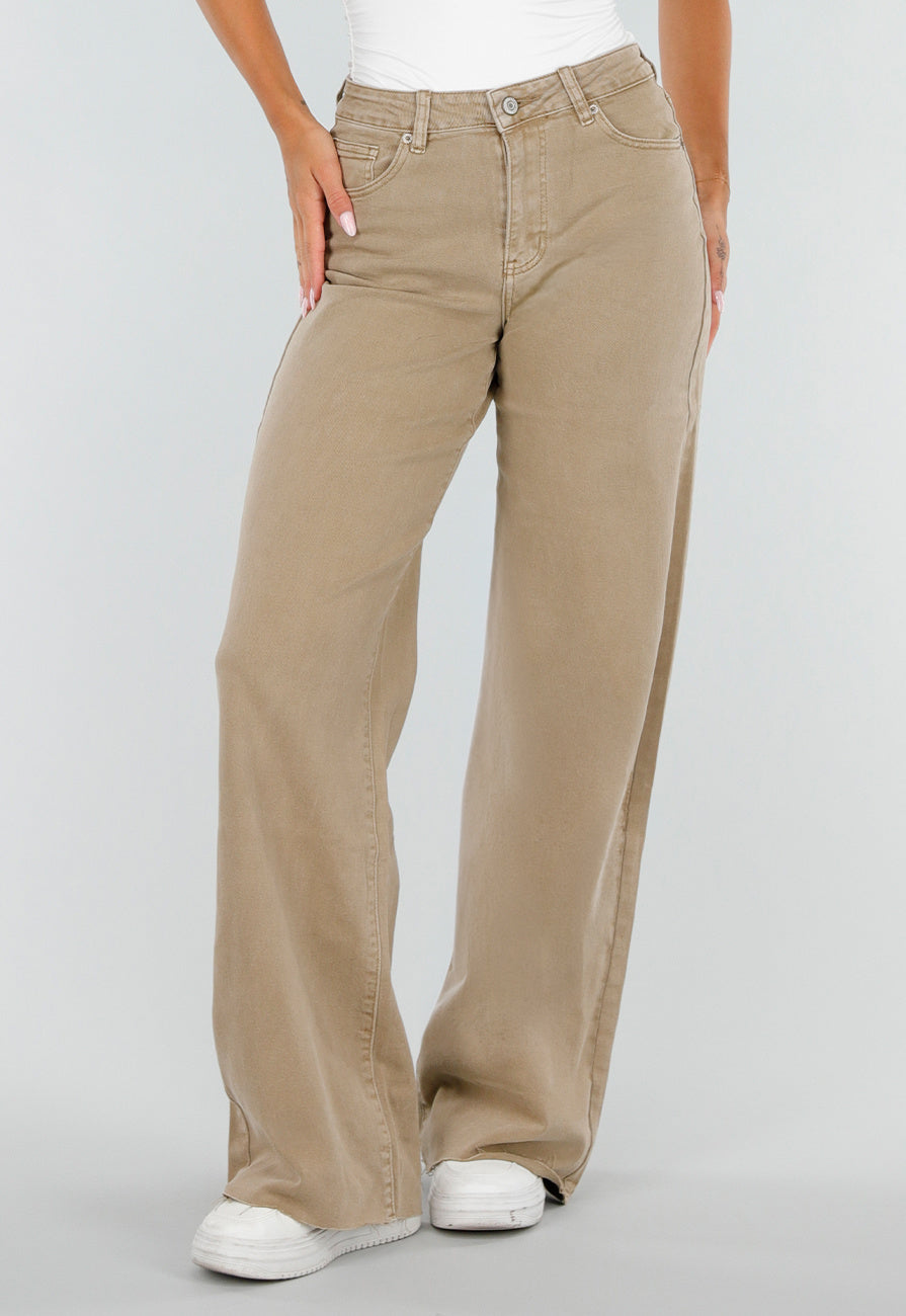 NEW020926 Beige Denim Tall Jeans met Straight Leg en Hoge Taille