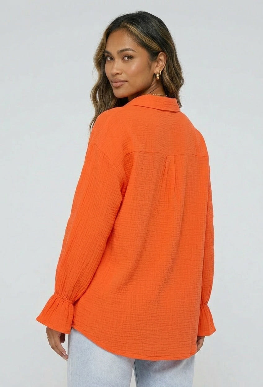 Oranje Mousseline Blouse met Trompetmouwen