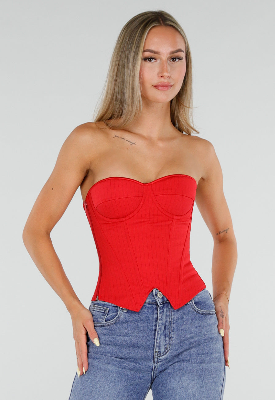 NEW050826 Rood Gestreept Strapless Korset met Baleinen, Beugel en Rits