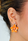 Gouden Oorbellen met Oranje Bloem en Strass Steentjes