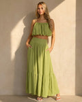 Olijfgroene Two Piece Set met Spaghetti Top en Maxi Rok