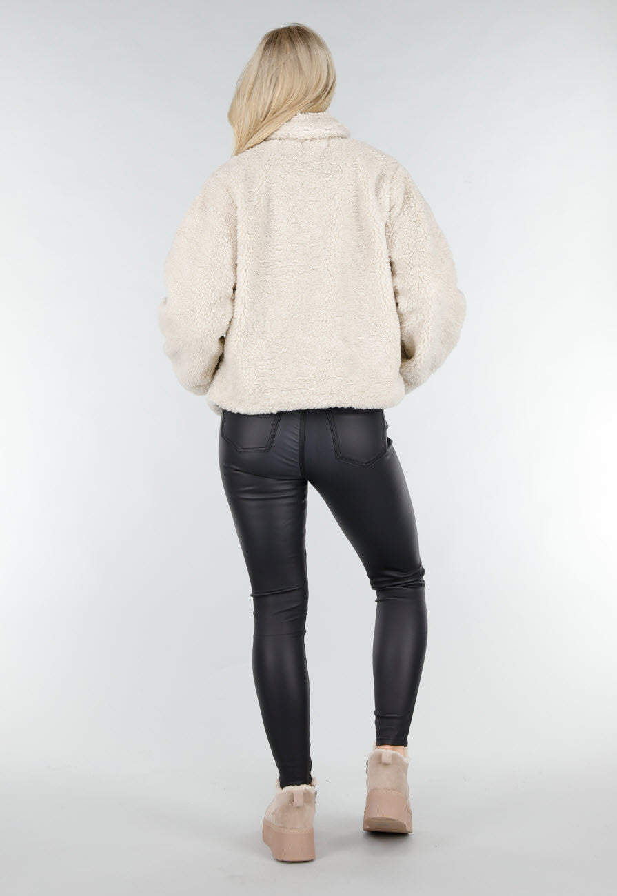 Beige Teddy Jas met Zachte Fleece Textuur en Opstaande Kraag