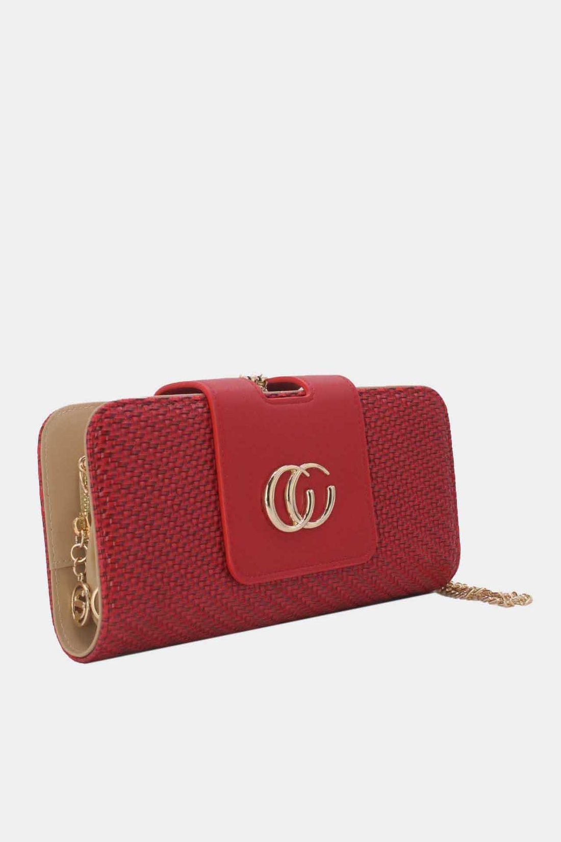 Rode Gevlochten Clutch van Imitatieleer met Gouden Schouderketting