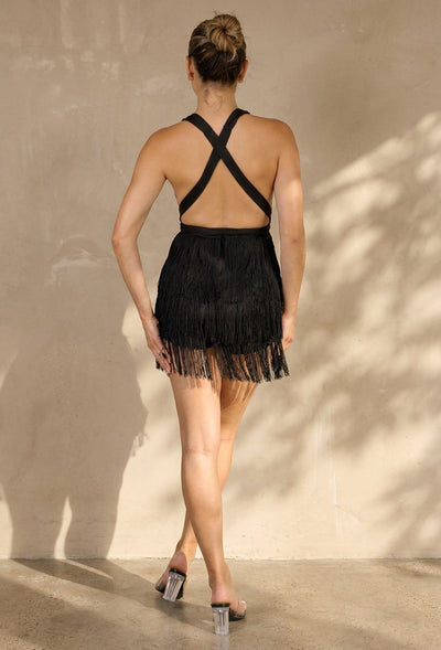 Zwarte Halter Playsuit met Franjes en Strikceintuur