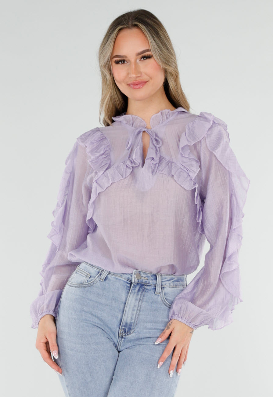 Lila Ruffle Blouse met Strikdetail en Lange Mouwen