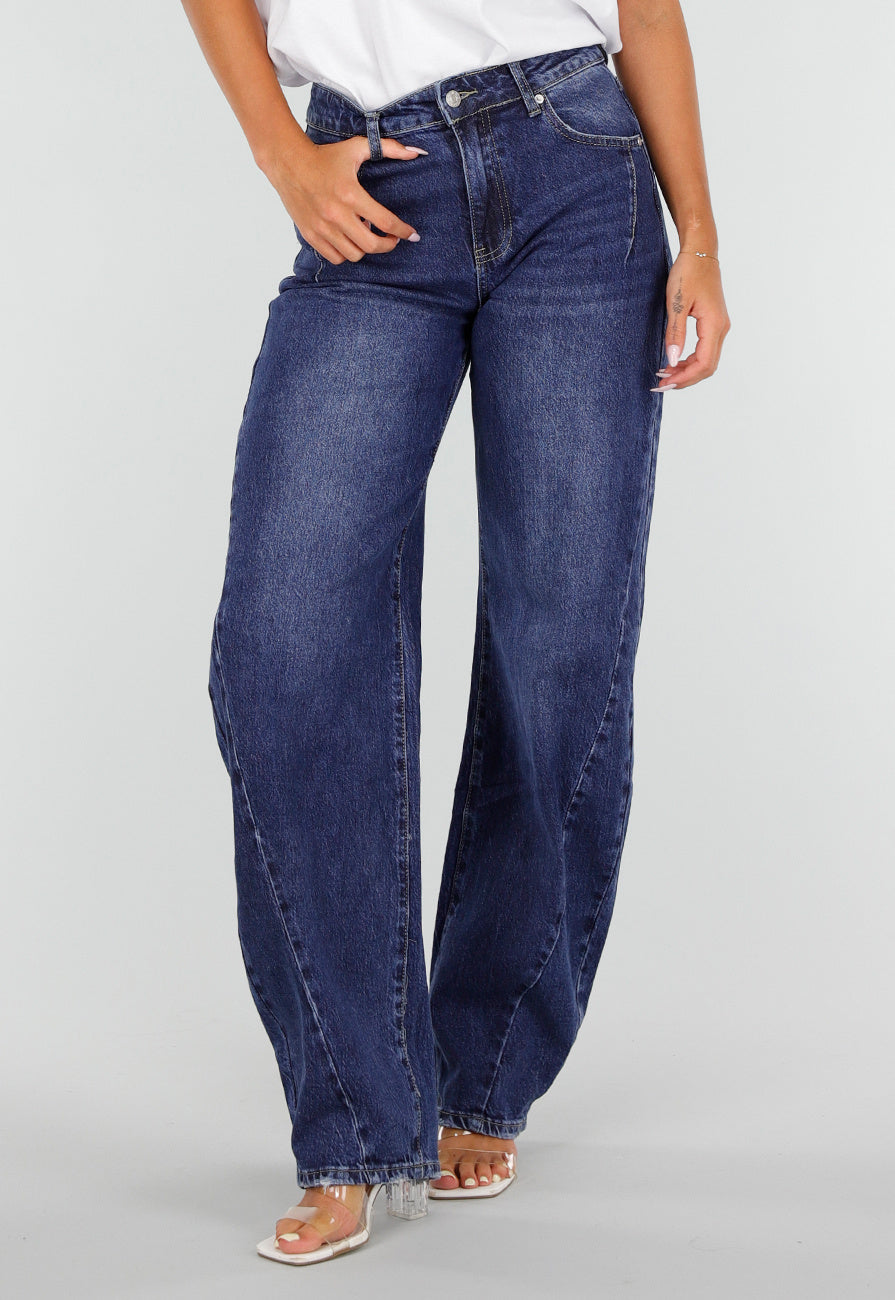 NEW020926 Blauwe Denim Tall Barrel Jeans met Hoge Taille en Lange Pijpen