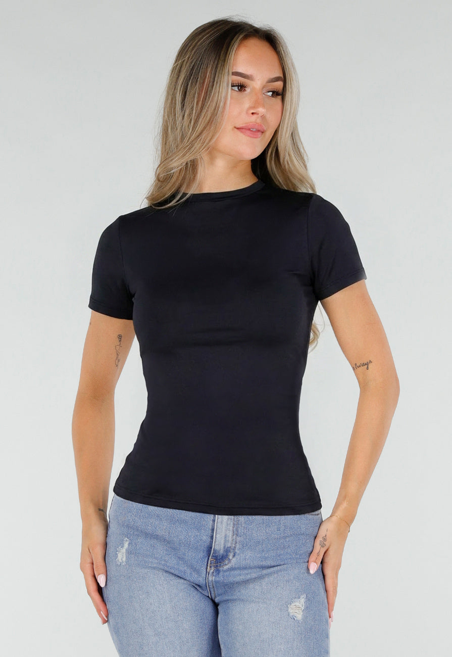 NEW220726 Zwart Basic T-Shirt met Korte Mouwen en Ronde Hals