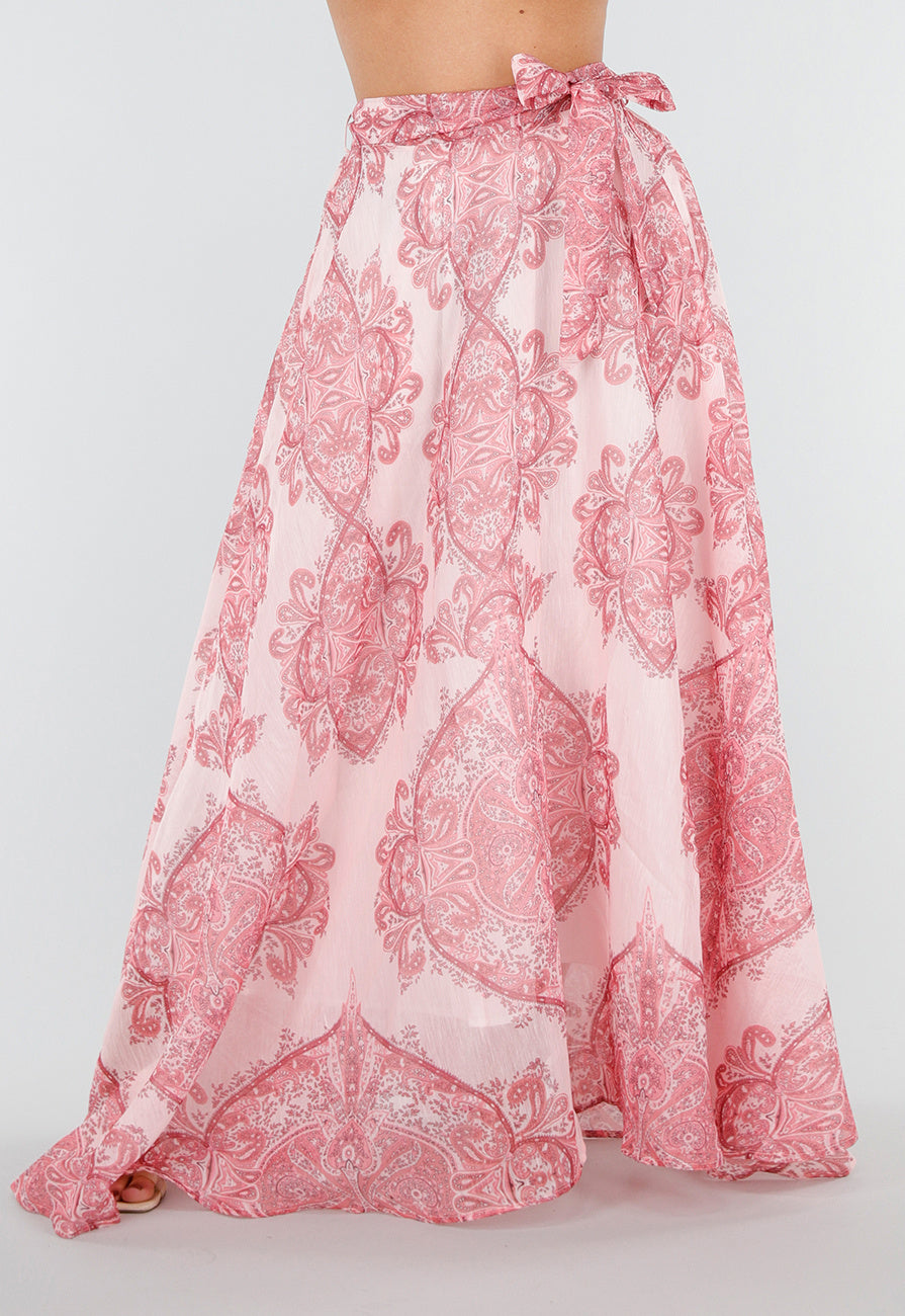Roze Maxi Rok met Paisley Print en Strikceintuur