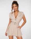 Beige Blazer Playsuit met Schoudervulling en Riem