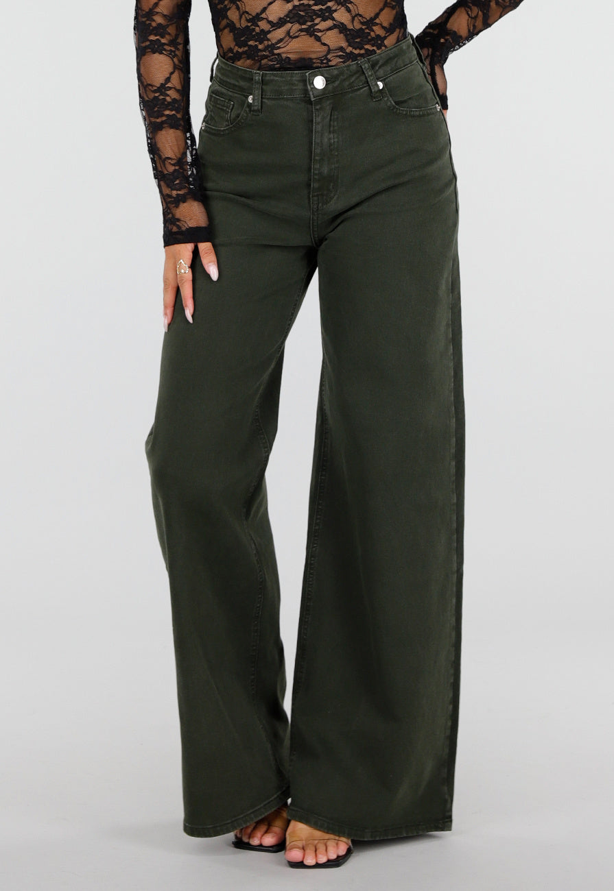 NEW120826 Donkergroene Wide Leg Jeans met Hoge Taille en Lichte Stretch