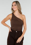 Donkerbruine One Shoulder Body met Drapering in Mesh Stretch