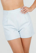 Lichtblauwe Linnenlook Short met Plooien en Rechte Pijpen