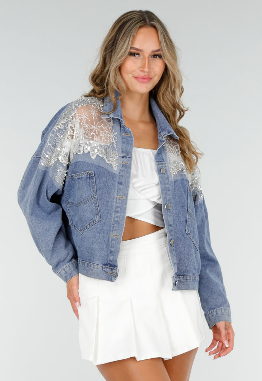 Blauw Denim Jasje met Glitter Details