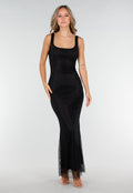 Zwarte Lange Glitter Maxi Jurk met Strass Steentjes en Lage Rug