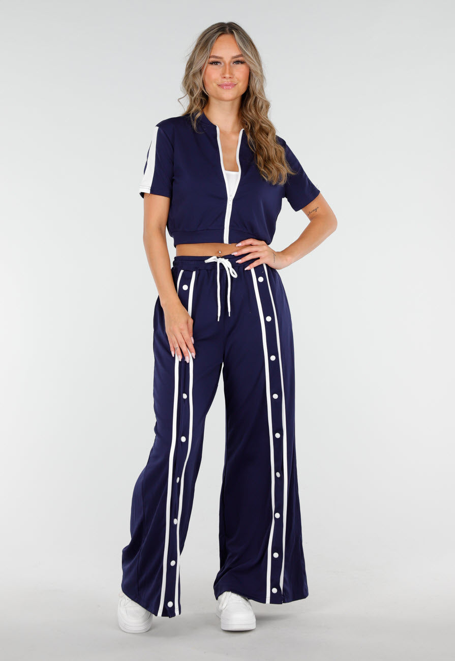 Donkerblauwe Two-Piece Set met Vestje en Wijde Pijpen