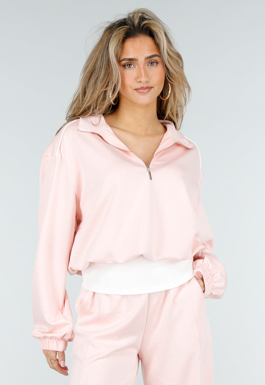 Lichtroze Sweater met Halve Rits en Elastische Boorden