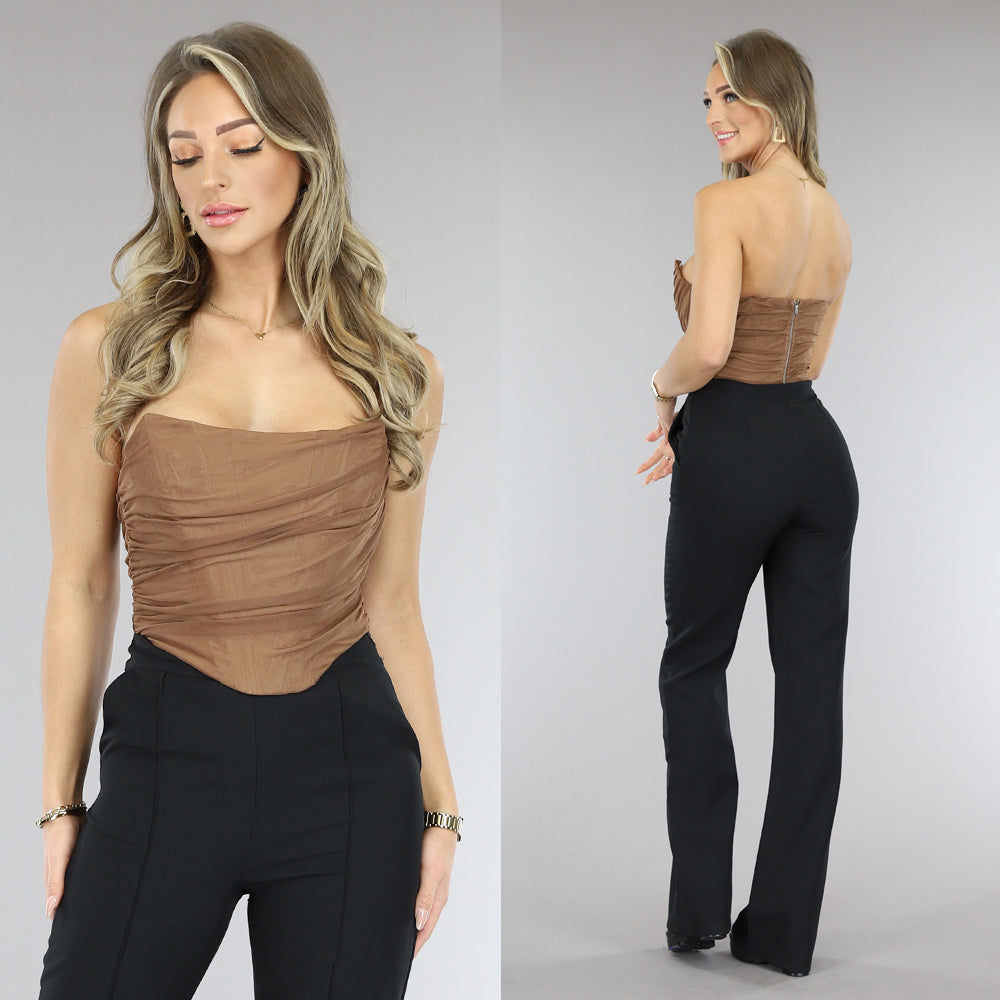 Bruine Mesh Korset Top met Gedrapeerd Detail