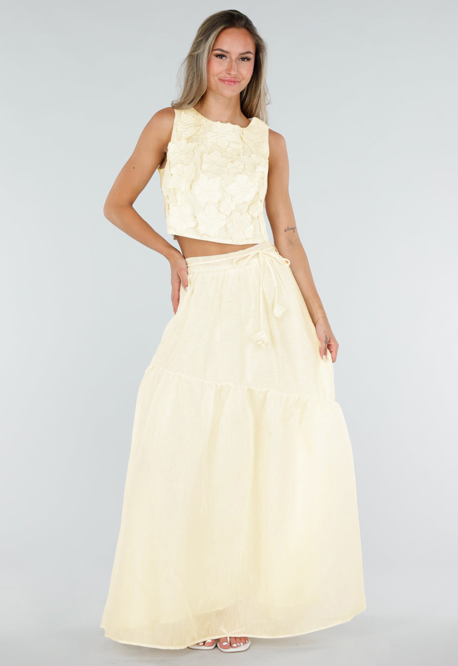 NEW150726 Gele Maxi Rok met Strikceintuur en Elastische Taille