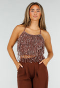 NEW190826 Bruine Glitter Top met Pailletten Franjes en Spaghettibandjes