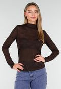 Bruine Semi Transparante Mesh Top met Lange Mouwen