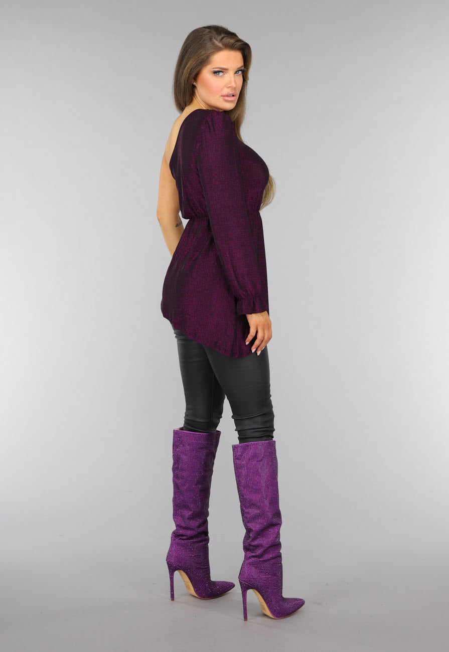 Paarse Glitter Top met One Sleeve