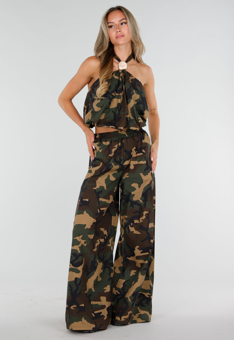 NEW150726 Wide Leg Broek met Camouflageprint en Elastische Taille