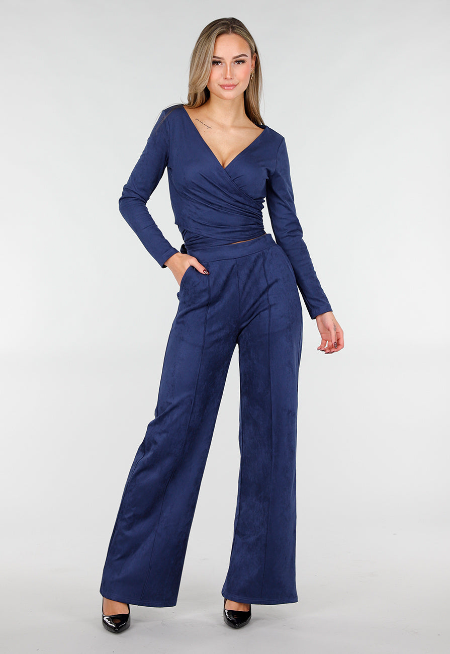 Donkerblauwe Straight Leg Suède Pantalon met Rechte Pijpen