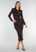 Bruine Midi Jurk met Lange Mouwen en Goudkleurige Ringdetail