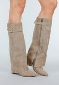 Beige Suède-look Hoge Laarzen met Bandje en Puntneus