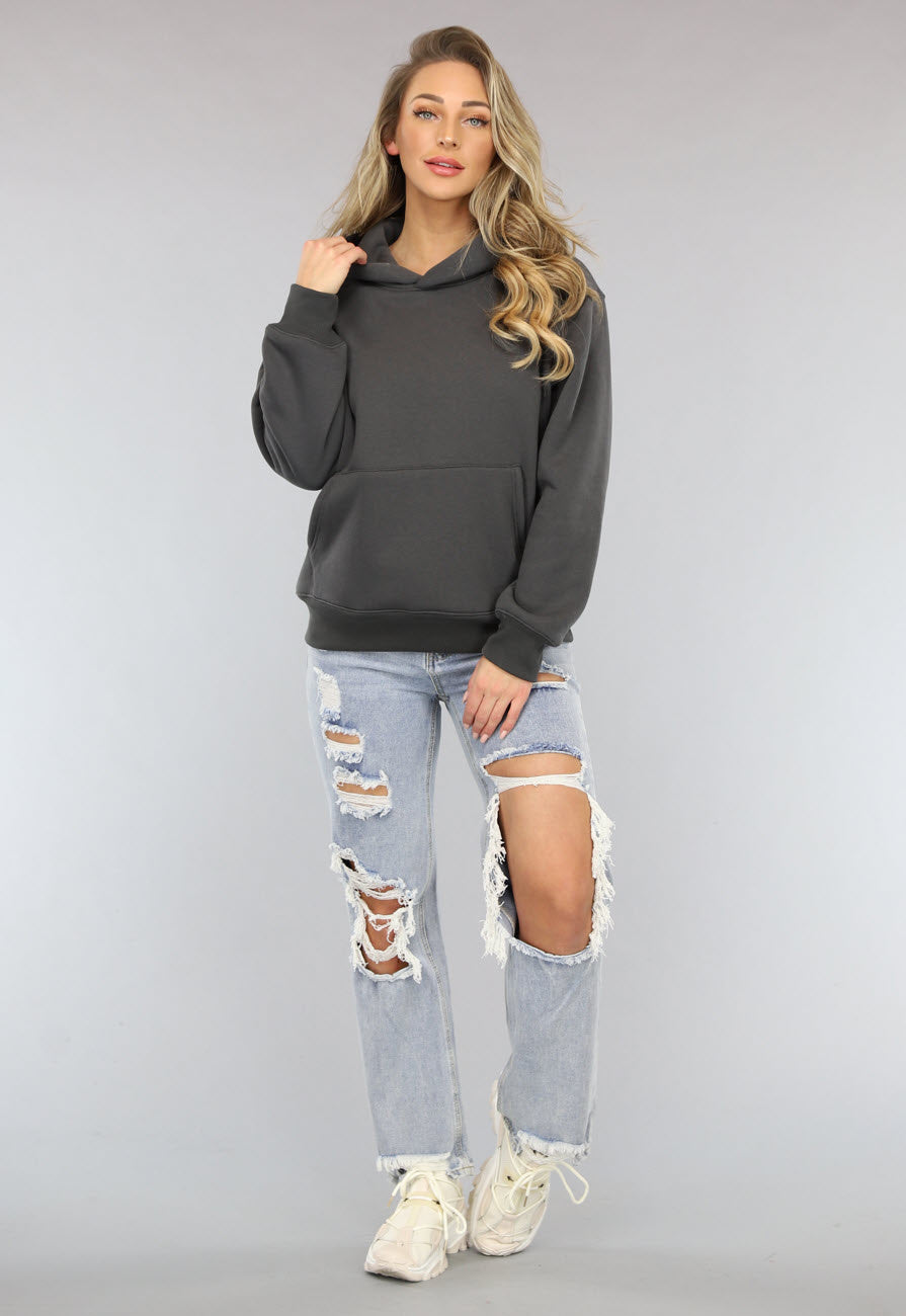 Basic Hoodie met Teddy Voering in Antraciet