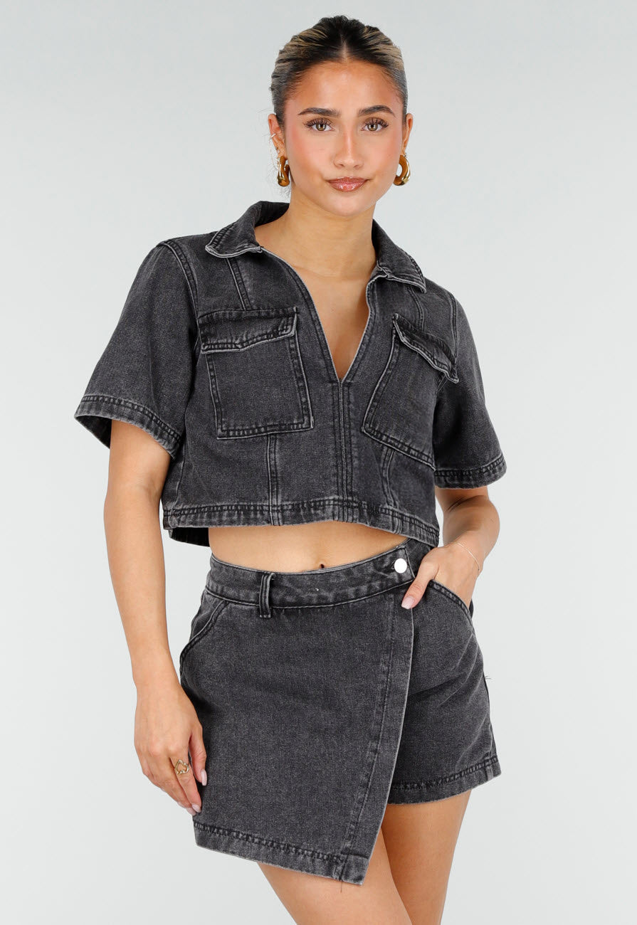 Donkergrijze Denim Set met Korte Mouw Crop Top en Skort