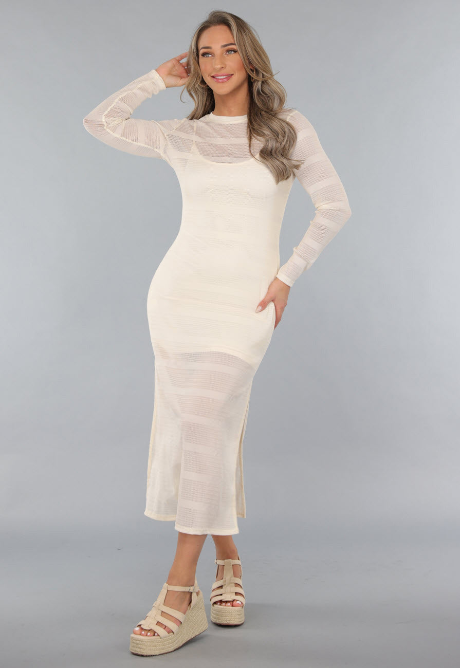 Beige Jurk met Structuur en Onderjurk