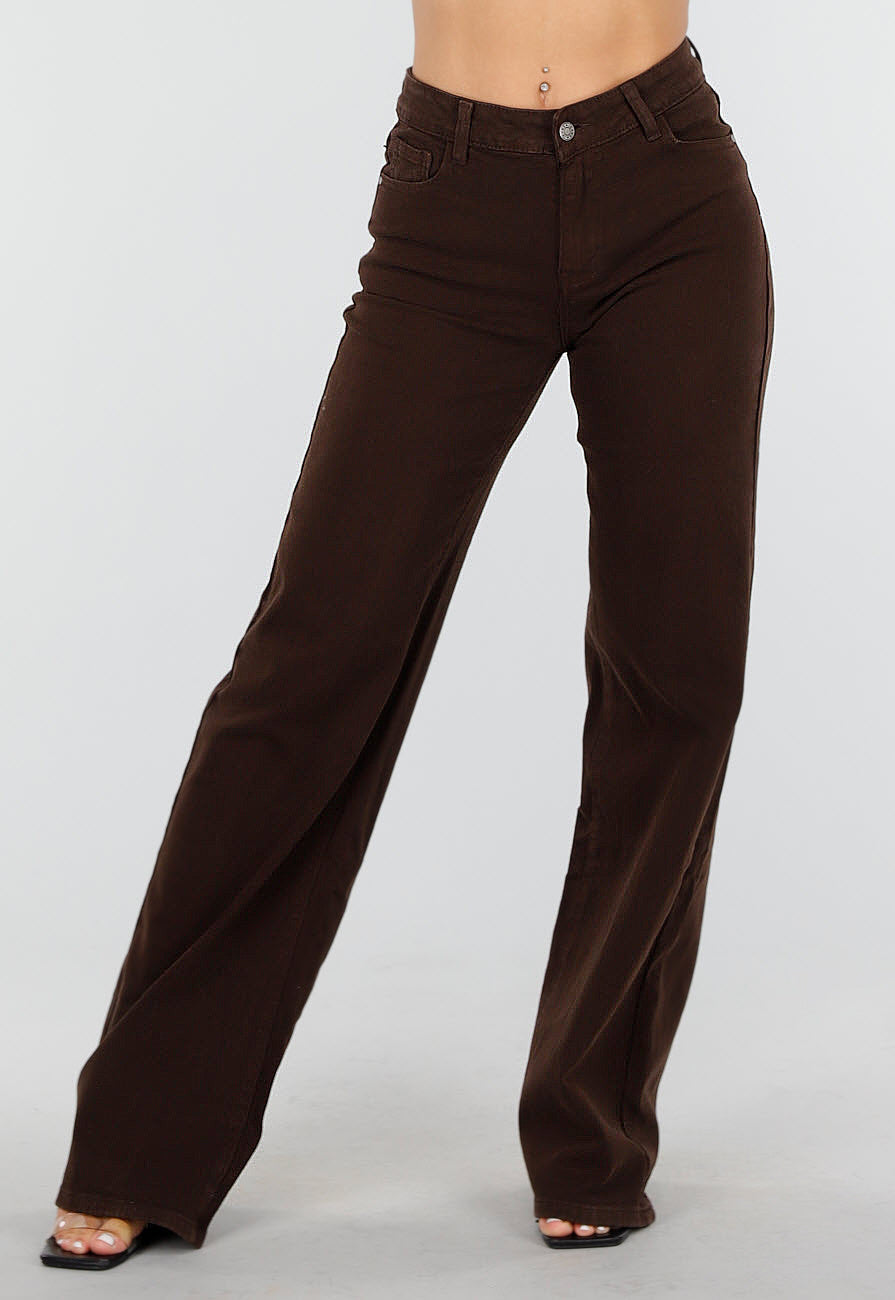 Bruine Straight Leg Stretch Jeans met Hoge Taille en Rechte Pijpen