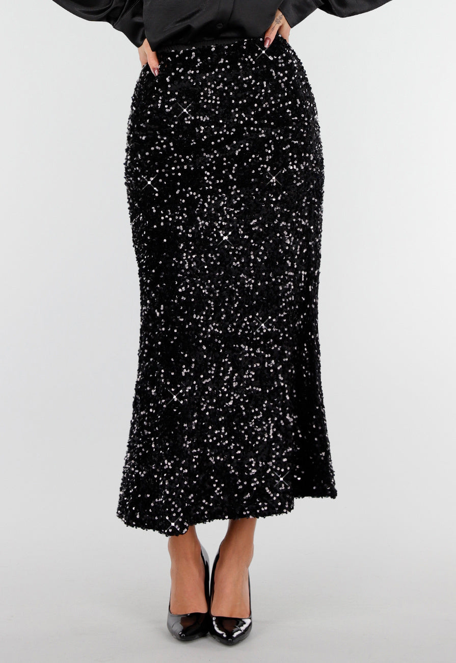 Zwarte Midi Rok met All Over Pailletten en Subtiele Uitlopende Zoom