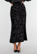 Zwarte Midi Rok met All Over Pailletten en Subtiele Uitlopende Zoom
