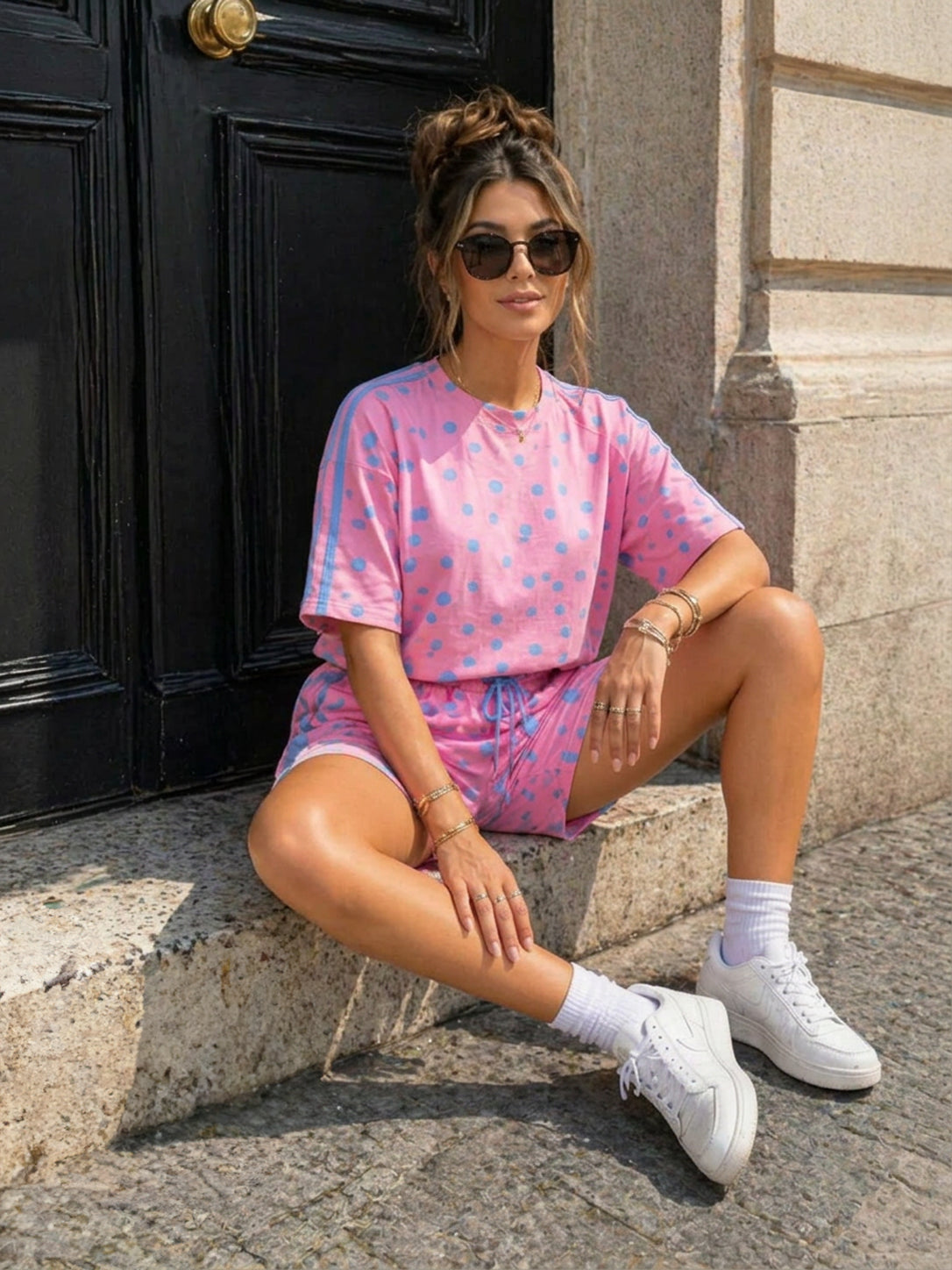 Roze Polkadot Two Piece Set met T-Shirt en Shorts