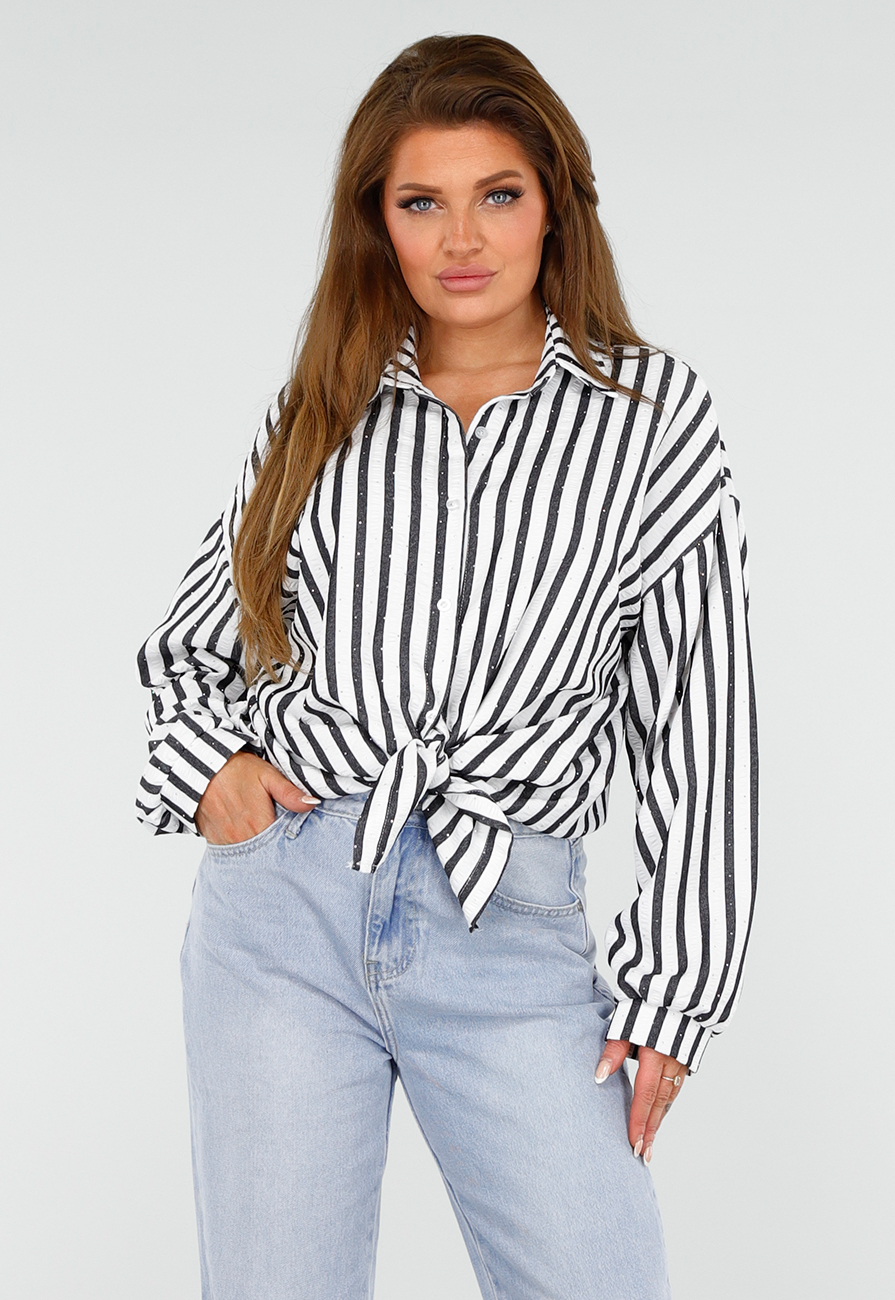 Zwart-Wit Gestreepte Blouse met Knoopsluiting, Kraag en Glittersteentjes