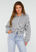 Zwart-Wit Gestreepte Blouse met Knoopsluiting, Kraag en Glittersteentjes