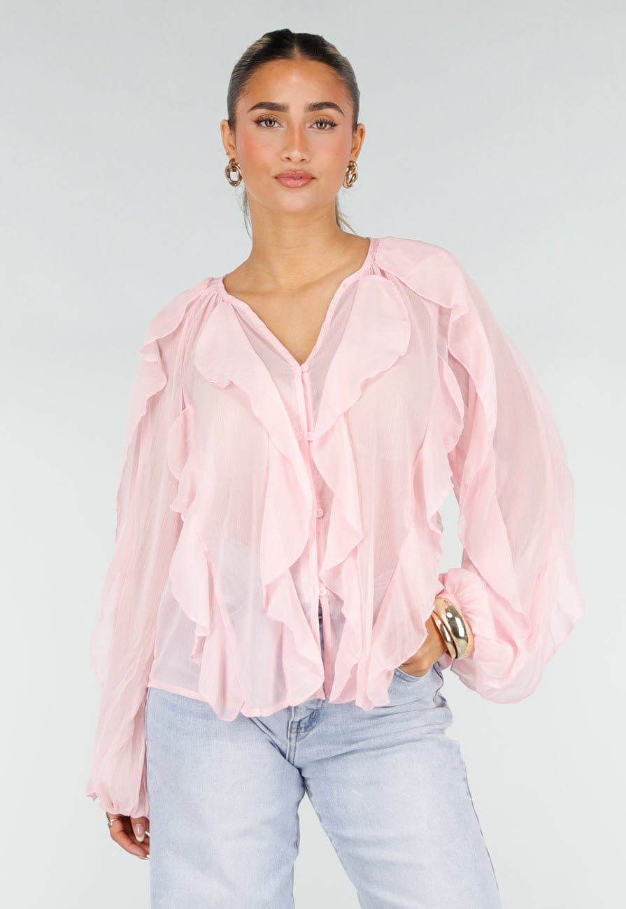 Lichtroze Chiffon Blouse met Ruffles Lange Mouwen en Knopen