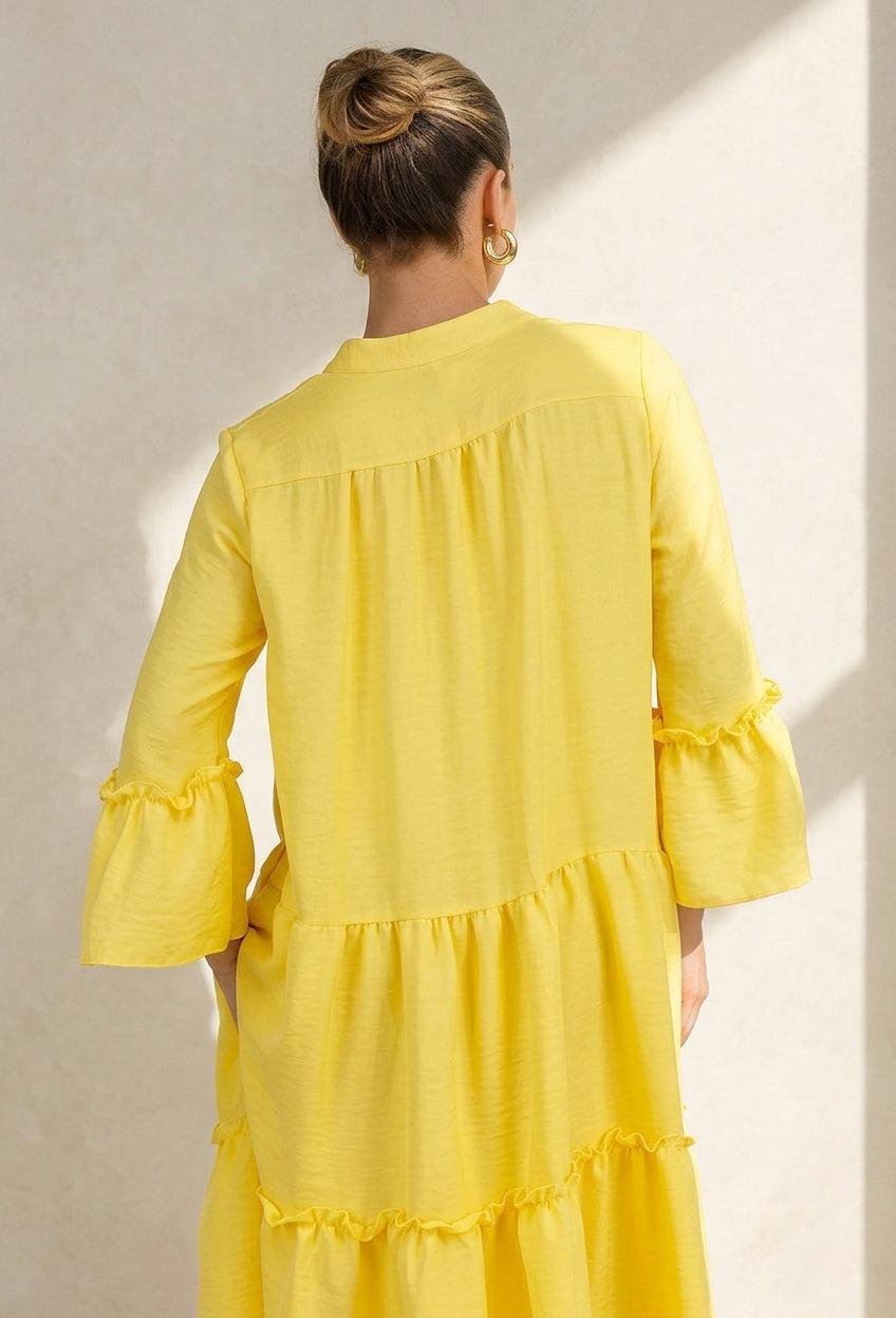 Gele Midi Jurk met V-hals en Ruffle Details