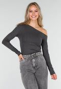 Donkergrijze One Shoulder Top met Lange Mouwen