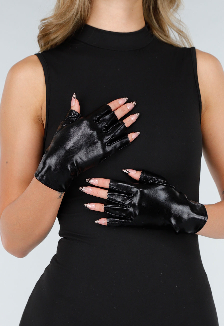 Zwarte Handschoenen van Glanzend Stretchmateriaal met Halve Vingers