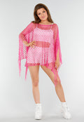 Fuchsia Netstof Cover-Up met Franjes en Open Ruitpatroon