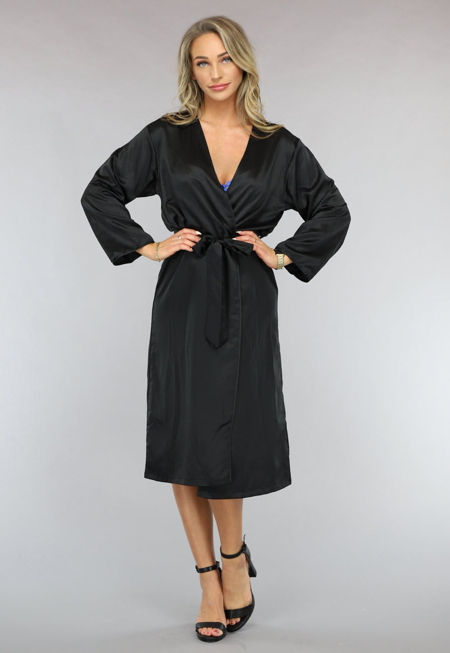 Satin Look Kimono Lang in Zwart